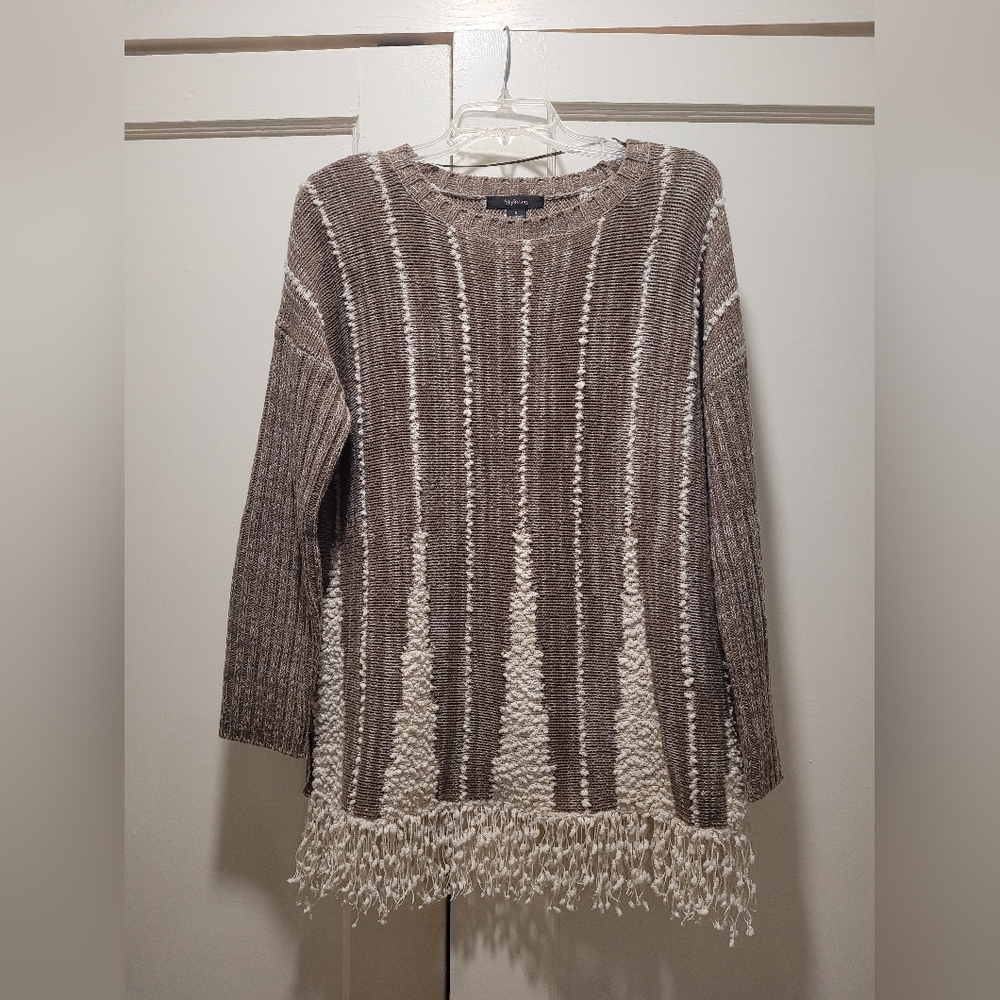 Brown and Cream Striped Sweater With FRINGE, Cold Weather Sweater